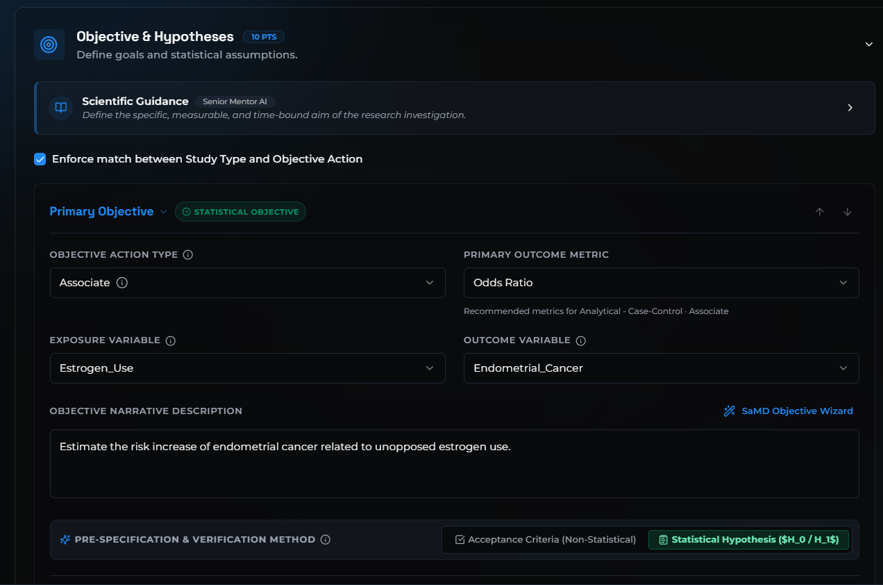 Studio objective editor showing a primary objective, selected exposure and outcome, and pre-specification controls