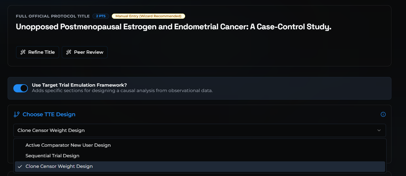 Studio target-trial emulation design selector showing the clone-censor-weight option
